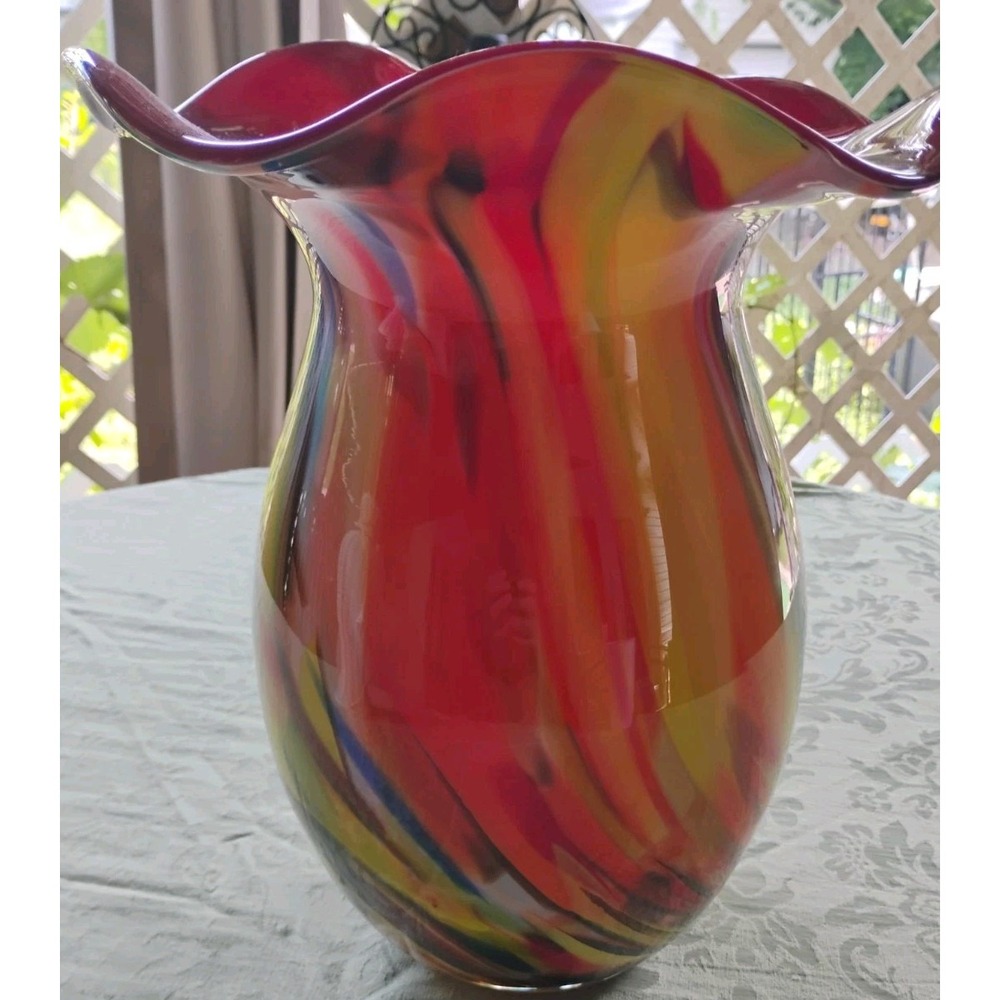 Krosno Jozefina Art Glass Red Orange Multicolor Hand Blown Vase Poland